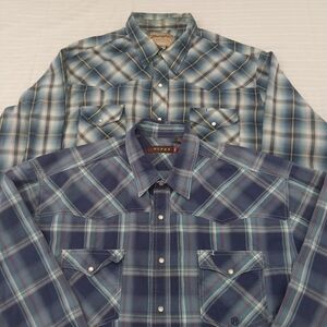 Roper Wrangler Snap Shirts Men 2XL Blue Teal Plaid Western Button-Down Shirt